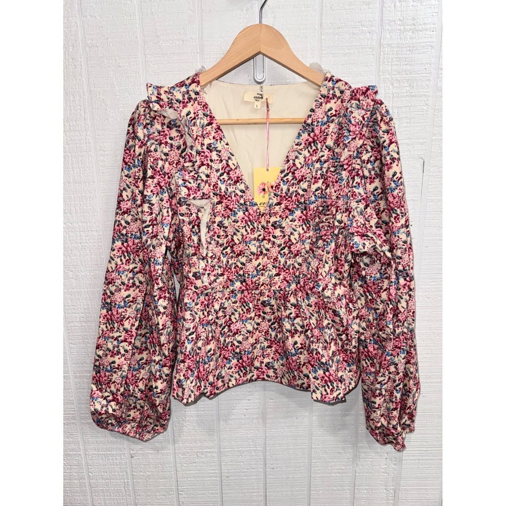 Entro Peplum Top Women Pink Floral Corduroy Ruffle V-Neck Balloon Sleeve Large